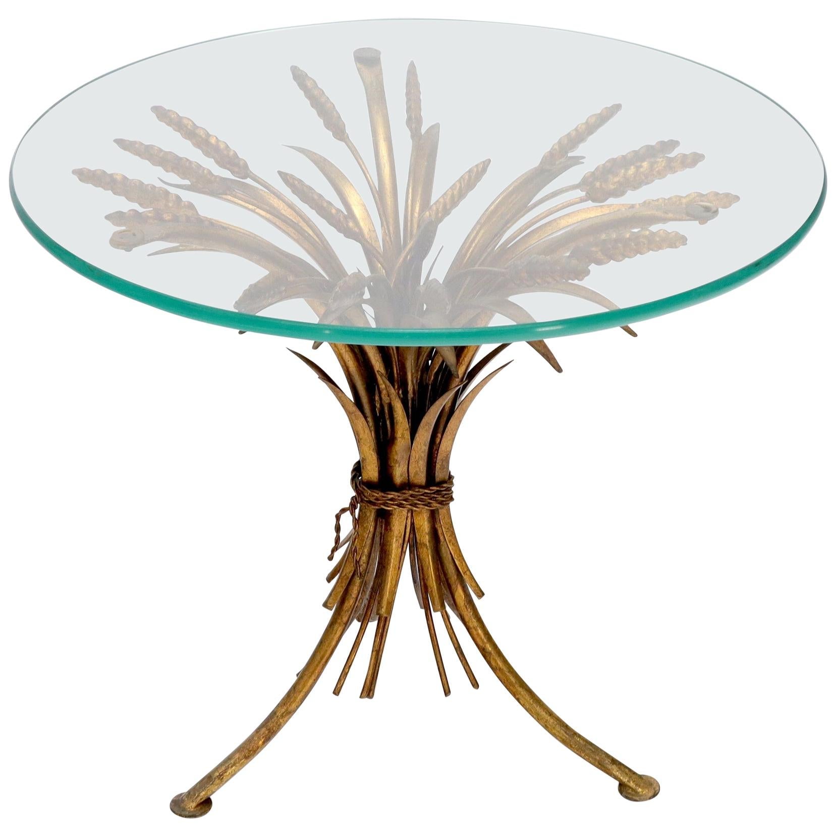 EstablishedLines Gold Gild Metal Wheat Sheaf Round Glass Top Side Occasional Table Stand