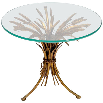 EstablishedLines Gold Gild Metal Wheat Sheaf Round Glass Top Side Occasional Table Stand