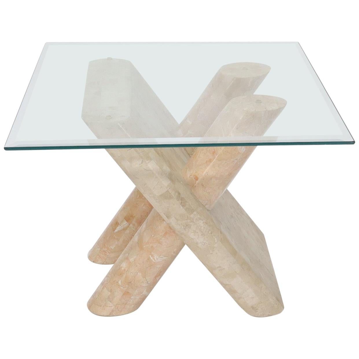 EstablishedLines Tessellated Stone Rounded X-Shape Base Side Occasional Square Glass Top Table