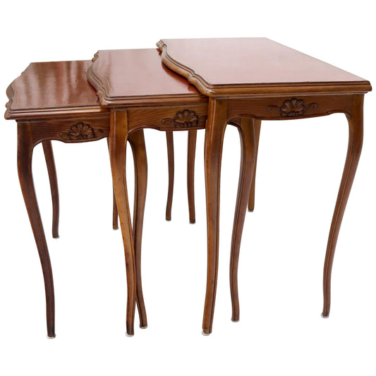 EstablishedLines Set of Rouge Tooled Leather Top Carved Walnut Cabriole Leg Set of Nesting Tables