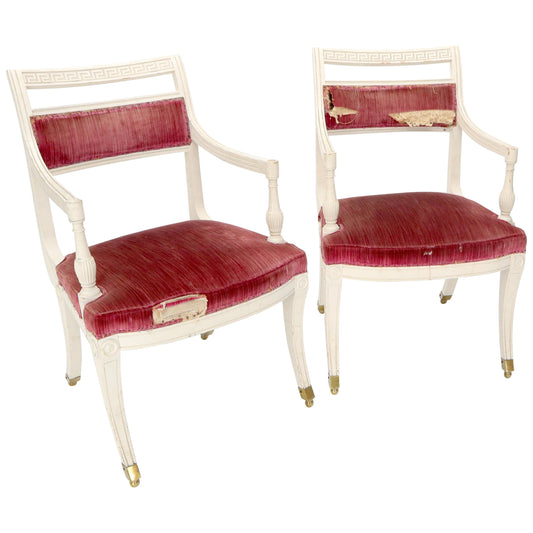 EstablishedLines Pair of Decorative Regency Style Armchairs on Brass Ball Feet