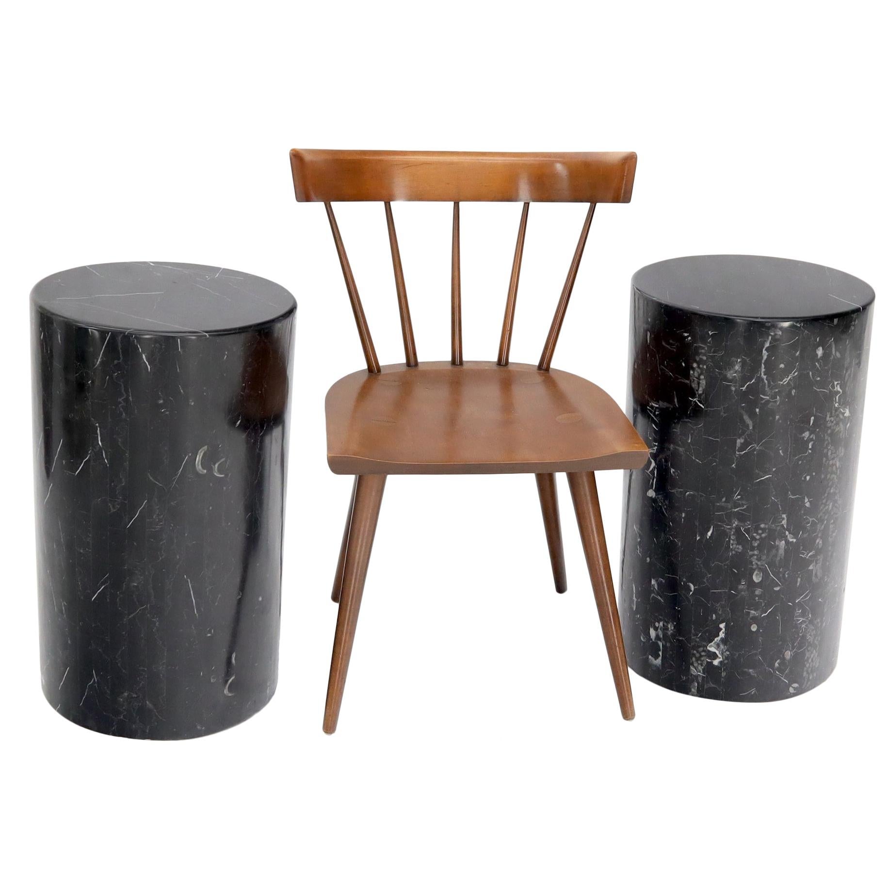 EstablishedLines Pair of Black Marble Stone Veneer Sheeted Tiled Round Cylinder Pedestals