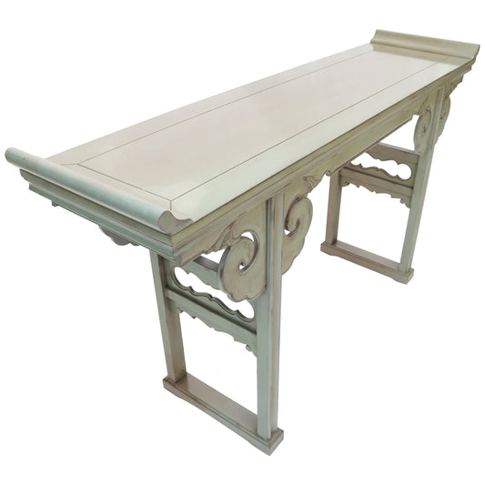 EstablishedLines Olive Faux Paint Enamel Finish Carved Base Console Table with Rolled Edges