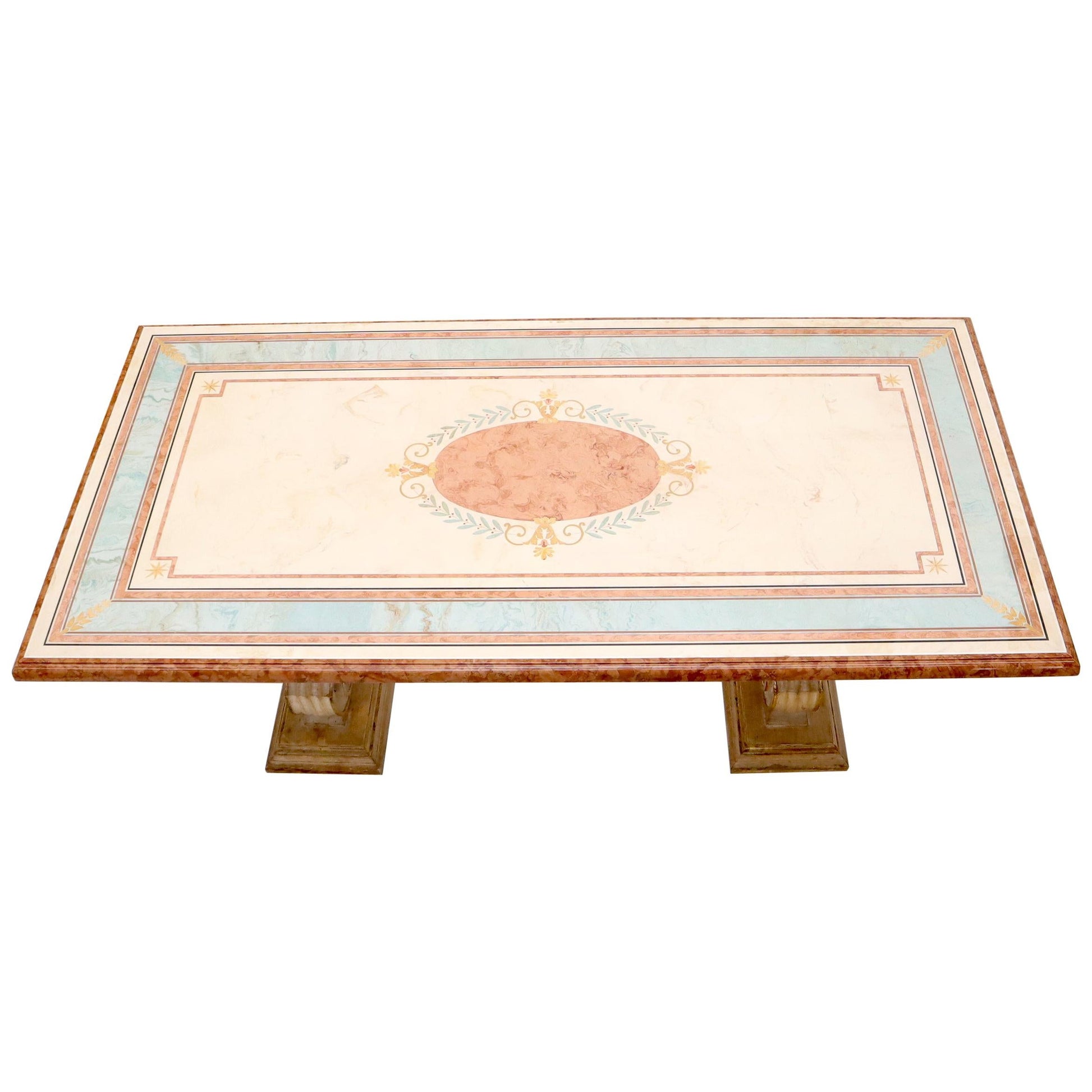 EstablishedLines Enamel Decorated Marble Top Dining Table on Carved Gold Lyre Shape Pedestals