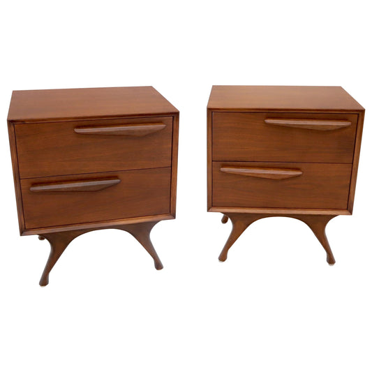 EstablishedLines Pair of American Modern Walnut Sculptured Legs Pulls Two Drawers Nightstands
