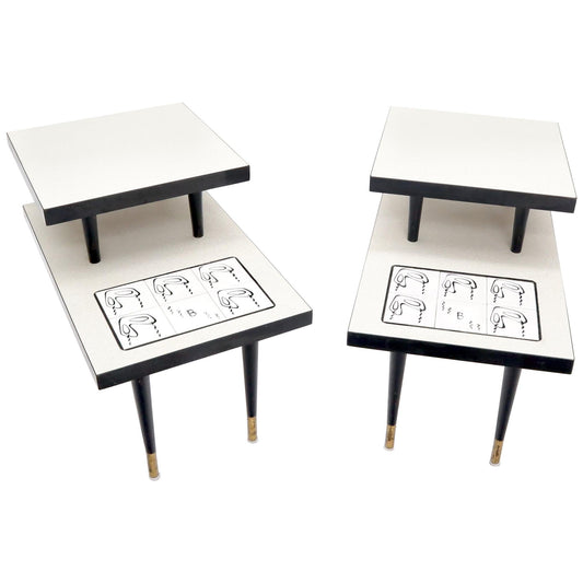 EstablishedLines Pair of Tile Top Step End Side Table on Tapered Dowel Shape Leg