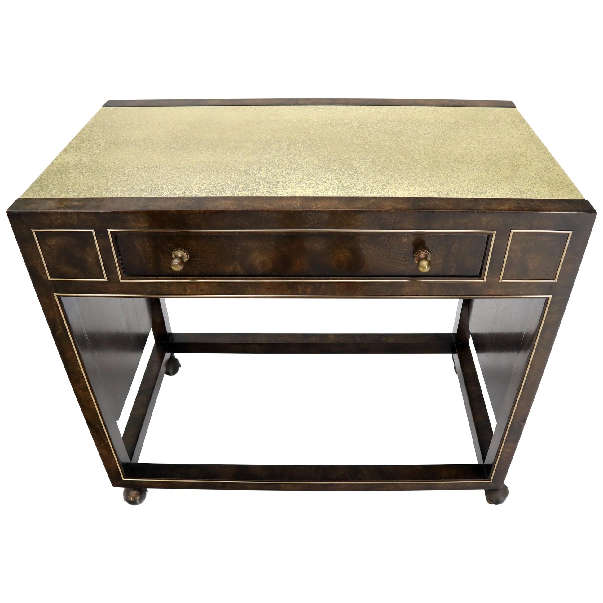 EstablishedLines Drop Leaf Textured Brass Top Burl Wood Rolling Serving Cart Bar by Mastercraft