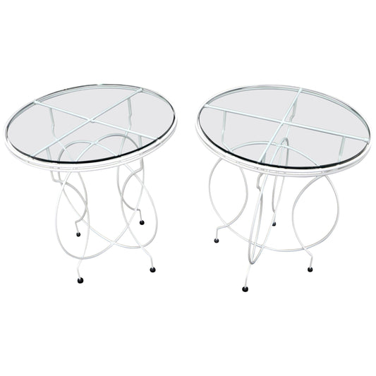 EstablishedLines Pair of Midcentury Ice Cream Style Round Folding Cafe Tables Glass Tops