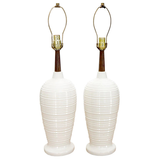 EstablishedLines Pair of Vase Shape Glazed Ceramic Pottery Walnut Table Lamps