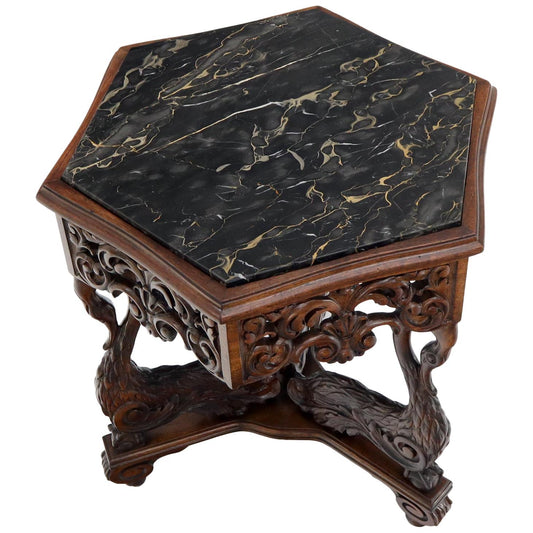 EstablishedLines Heavily Pierce Carved Walnut Hexagon Marble Top Swann Bird Motive Stand Pedestal