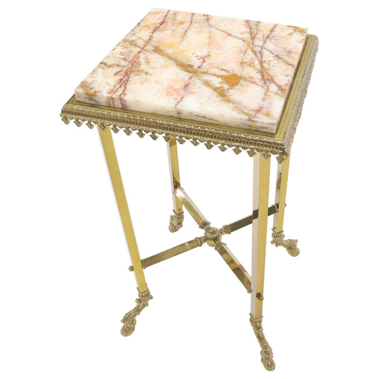 EstablishedLines Square Solid Brass Onyx Marble Top Stand Pedestal Hoof Feet X-Stretcher Finial