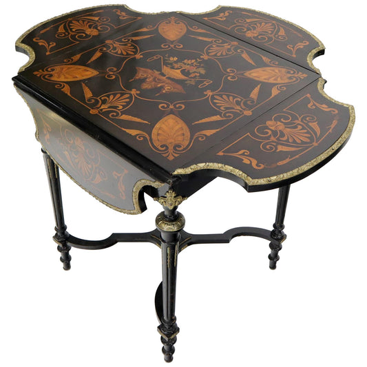 EstablishedLines Bronze Ormolu Ebonized Mahogany Inlay Drop-Leaf Top Game Table Guerdon