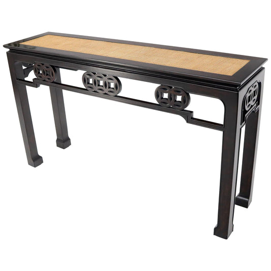 EstablishedLines Ebonized Mahogany Cane Top Asian Influence Console Table
