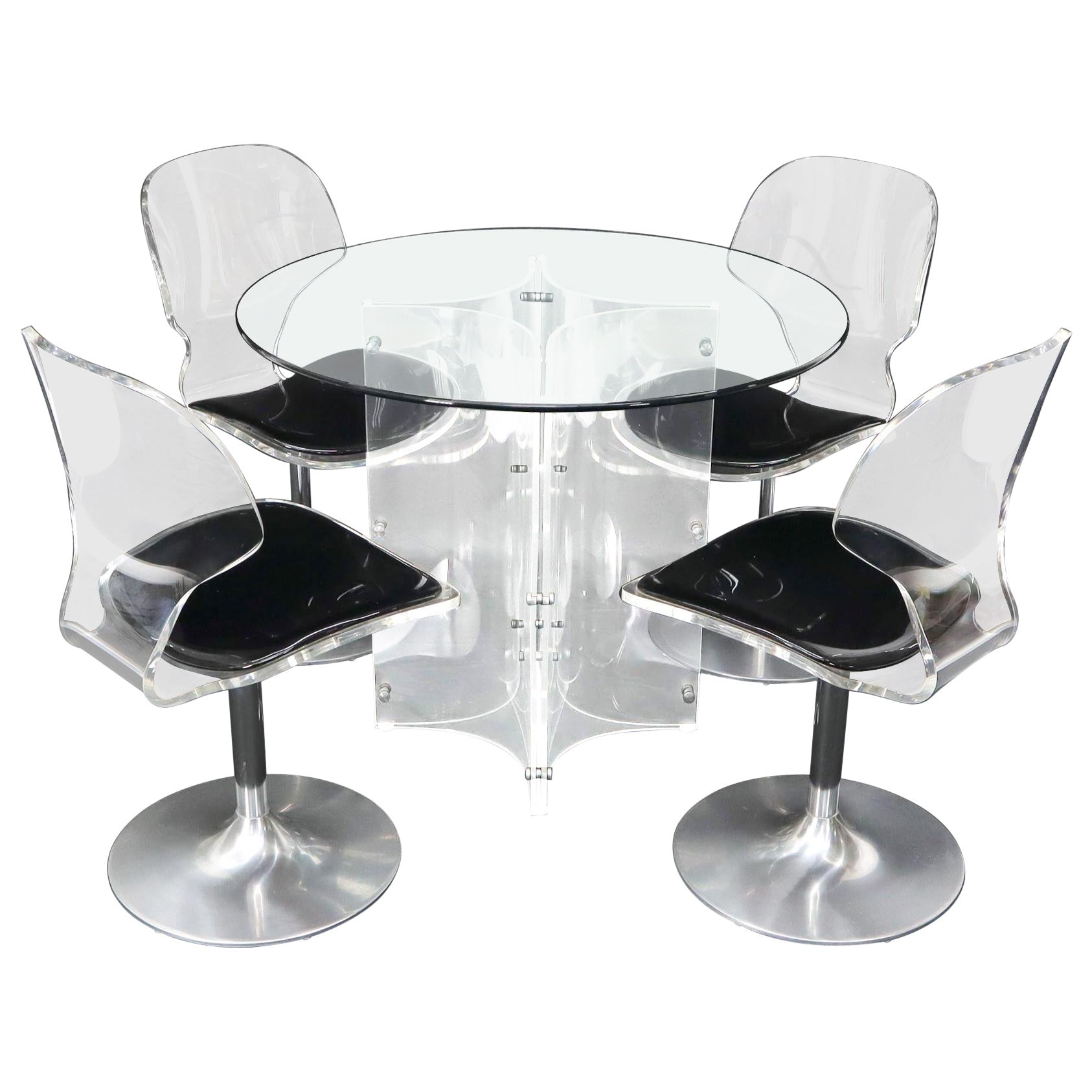 EstablishedLines Tulip Chrome Base Lucite Seats Set of 4 Chairs Dining Table with Glass Round Top