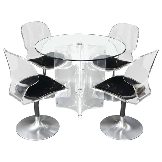 EstablishedLines Tulip Chrome Base Lucite Seats Set of 4 Chairs Dining Table with Glass Round Top