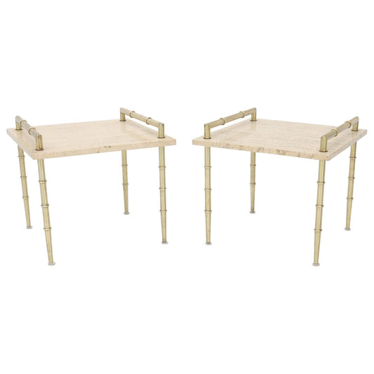 EstablishedLines Pair of Solid Brass Faux Bamboo Tapered Legs Gallery Travertine Top Side Tables