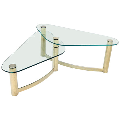 EstablishedLines Two-Tier "L" Shape Glass and Brass Organic Kidney Shape Coffee Table