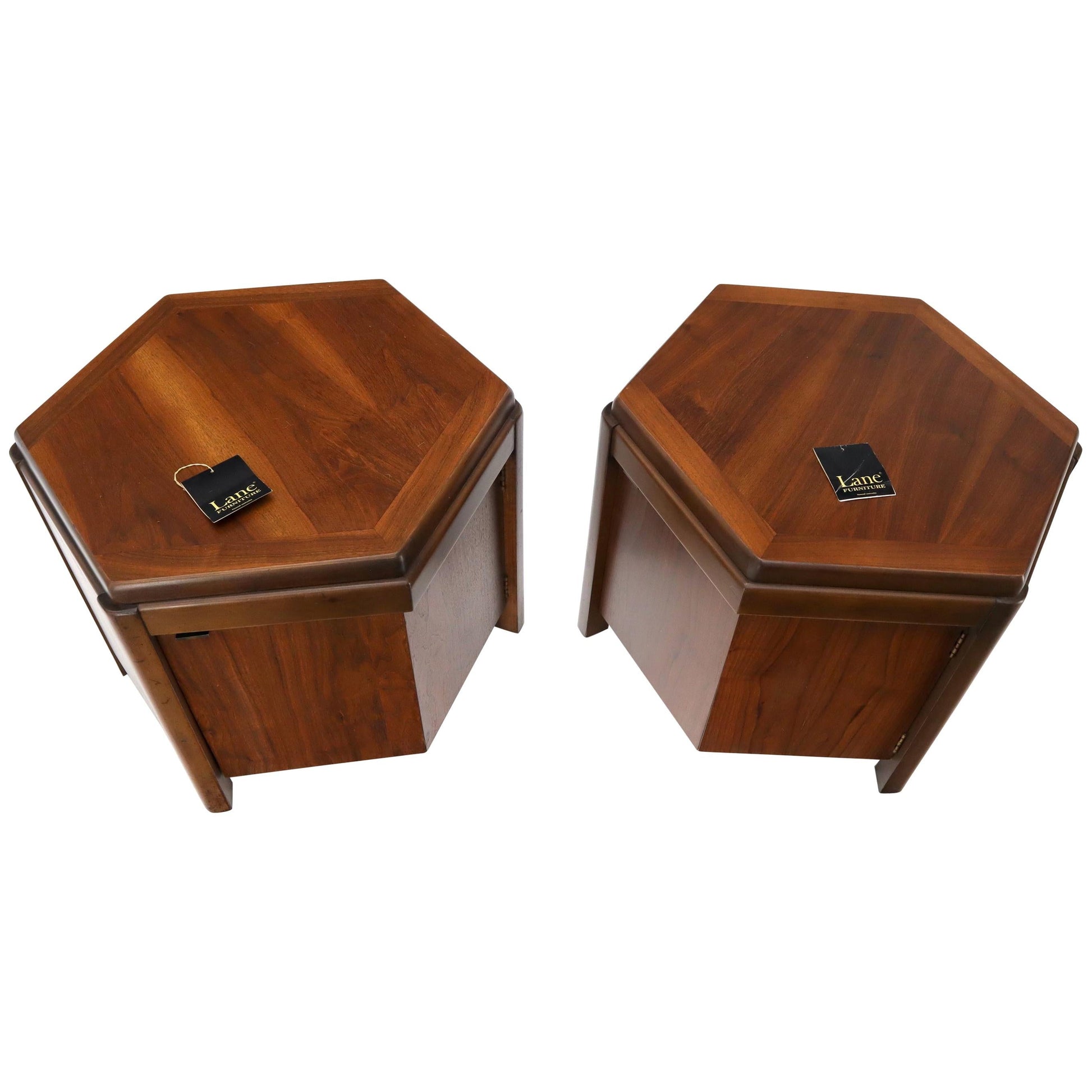 EstablishedLines Pair of Hexagon Walnut End Side Tables w/ One Door Cabinets Storage Compartment