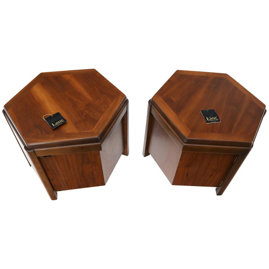 EstablishedLines Pair of Hexagon Walnut End Side Tables w/ One Door Cabinets Storage Compartment