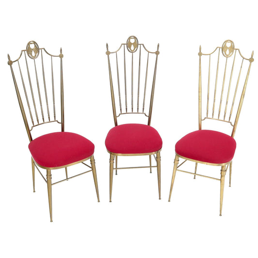 EstablishedLines Set of 3 Italian Solid Brass Chiavari Chairs From 1950s New Upholstery