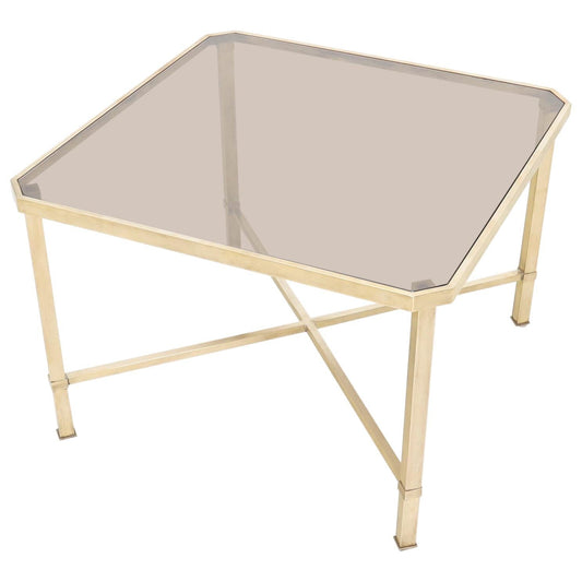 EstablishedLines Solid Polished Brass Square X Base Side Coffee Table with Smoked Glass top