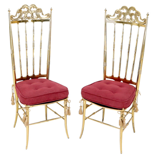 EstablishedLines Set of 2 Italian Solid Brass Chiavari Chairs from 1950s Salmon Red Upholstery