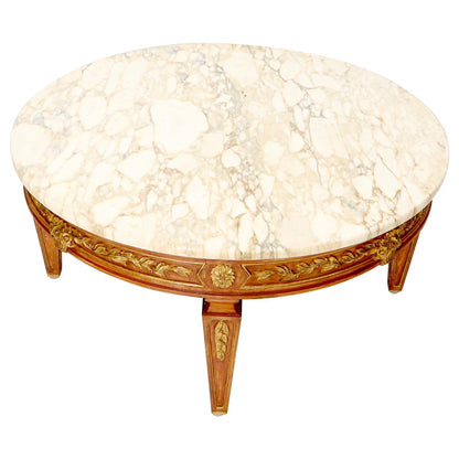 EstablishedLines Round Marble Top Ornate Carved Mahogany Base Coffee Table