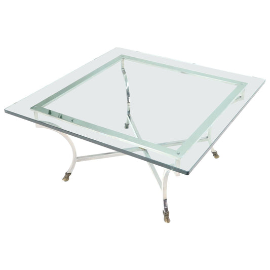 EstablishedLines Square Chrome and Brass Hoof Feet Base Thick Glass Top Coffee Table