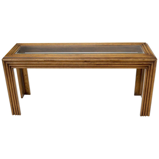 EstablishedLines Reed or Rattan Glass Top Mid-Century Modern Console Table
