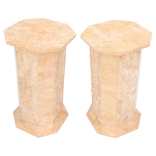 EstablishedLines Pair of Polished Stone Tile Tessellated Octagon Shape Pedestals Stand Red White