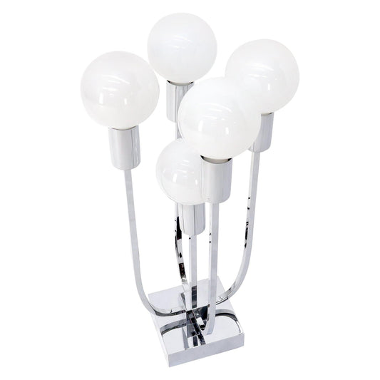 EstablishedLines Chrome & 5 Milk Glass Globes Mid-Century Modern Table Lamp