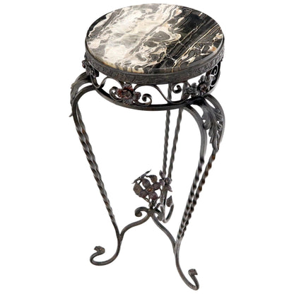 Round Black & White Marble Top Wrought Iron Pedestal Stand Table