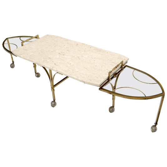 EstablishedLines Mid-Century Modern Brass Base on Wheels Travertine Top Expandable Coffee Table