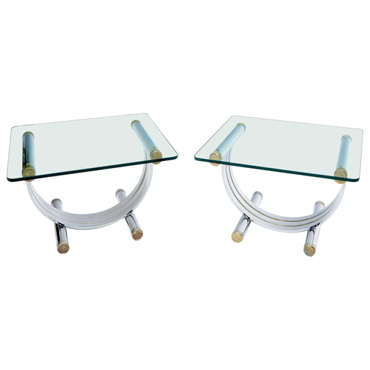 EstablishedLines Pair of Chrome & Brass U Shape Bases Glass Top End Side Occasional Tables
