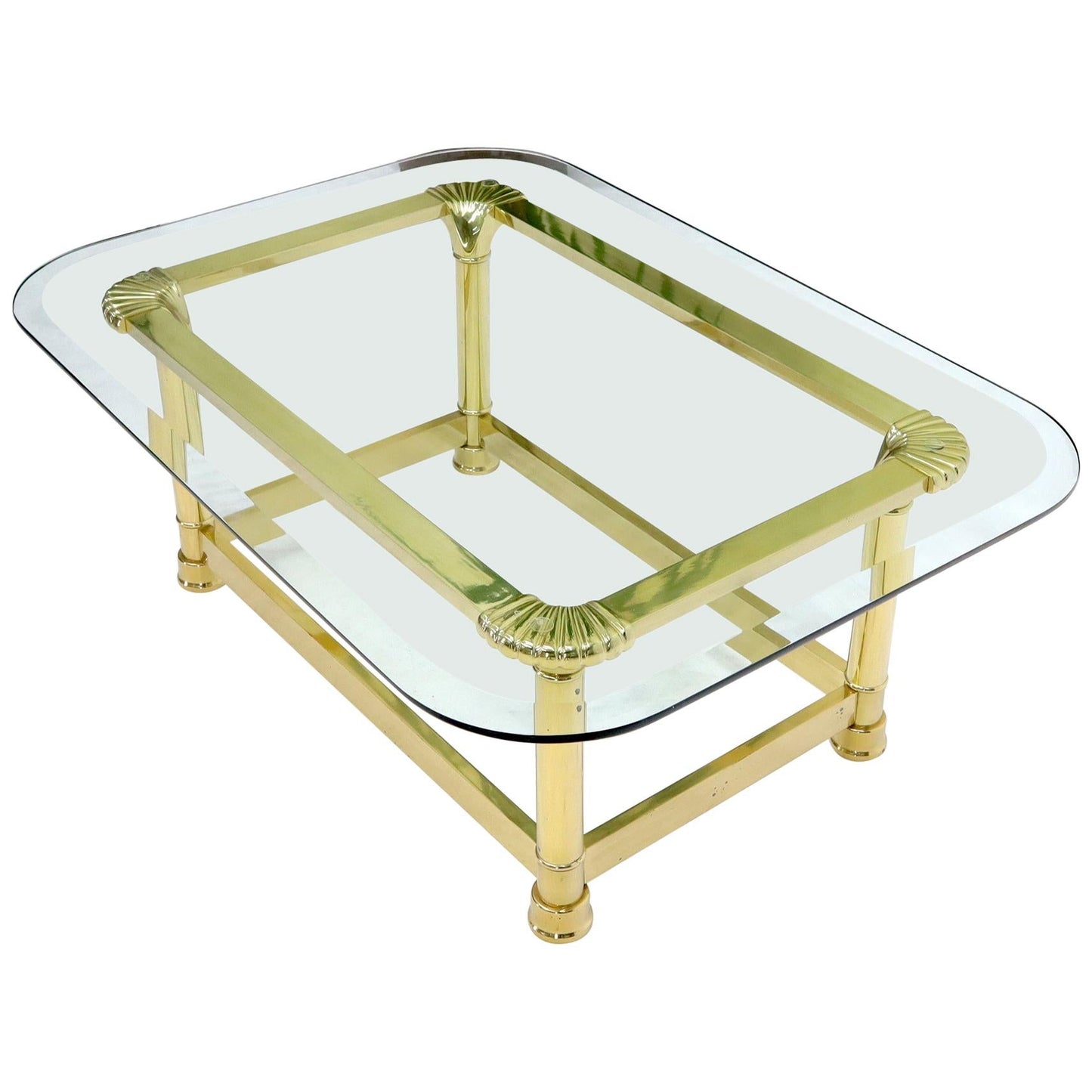 EstablishedLines Vintage Italian Polished Brass Base Glass Top Coffee Table Rounded Scallop