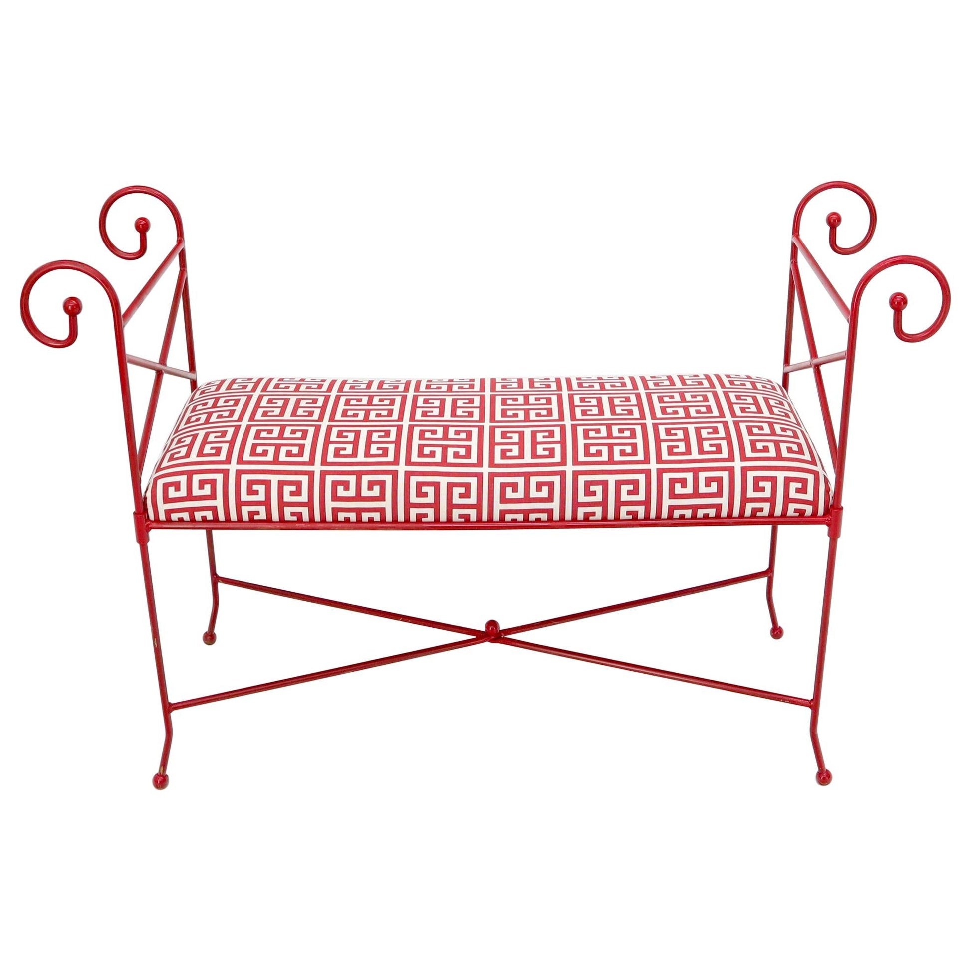 EstablishedLines Circa 1960s Wrought Iron Window Bench Fully Restored New Red Lacquer Upholstery