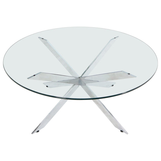 EstablishedLines Heavy Chrome Jacks Style Spikes Base Round Glass Top Coffee Table
