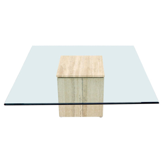 EstablishedLines Large Square Travertine Base Glass Top Coffee Table