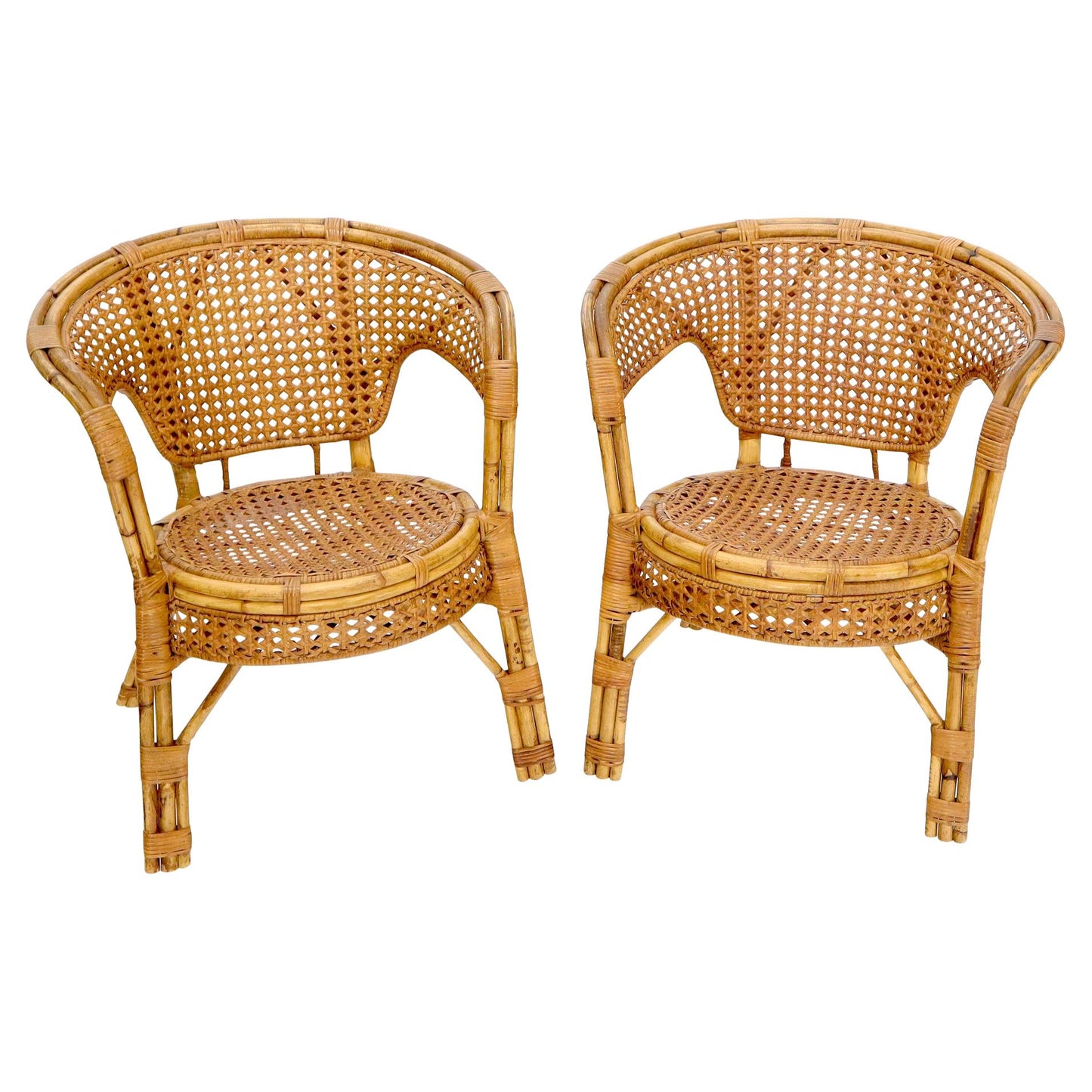EstablishedLines Pair of Stunning Round Barrel Shape Bamboo Rattan Cane Seat Chairs