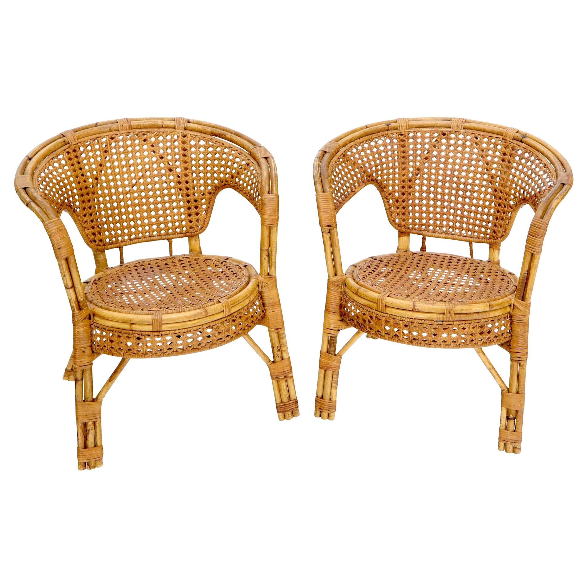 EstablishedLines Pair of Stunning Round Barrel Shape Bamboo Rattan Cane Seat Chairs