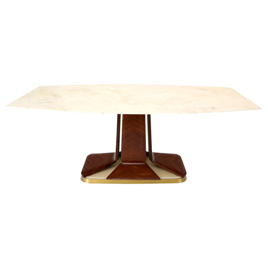 EstablishedLines Boat Shape Light Beige Marble Top Bent Satinwood Base Art Deco Dining Table