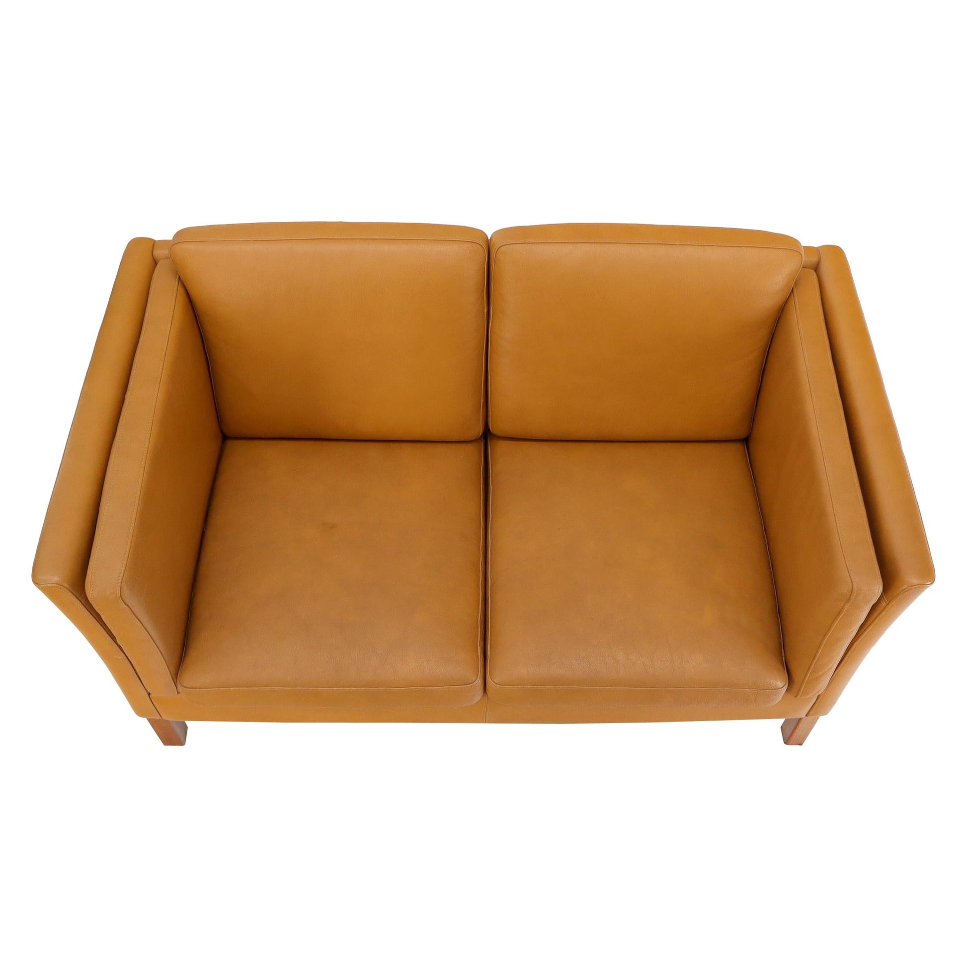 EstablishedLines Borge Mogenson Tan Leather Loveseat Sofa Danish Mid-Century Modern