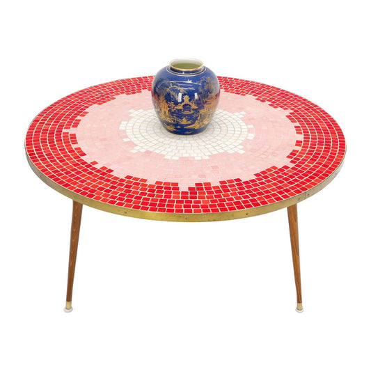 EstablishedLines Sunburst Red Tile Mosaic Round Mid-Century Modern Coffee Table
