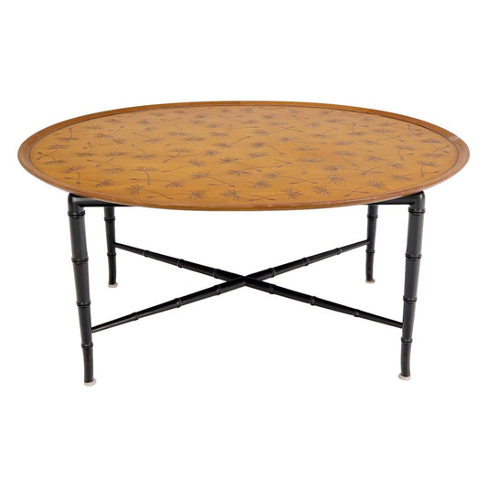 EstablishedLines Oval Kittinger Coffee Table Faux Bamboo Tapered Legs Incised Leafs Design on Top