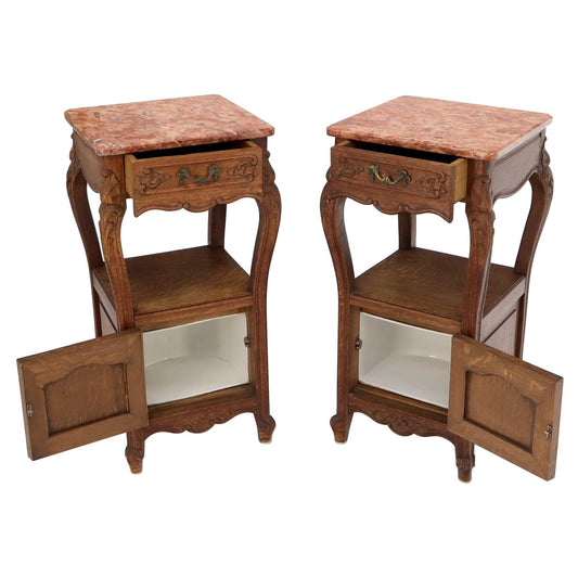 EstablishedLines Pair of carved oak rouge marble tops nightstands end tables