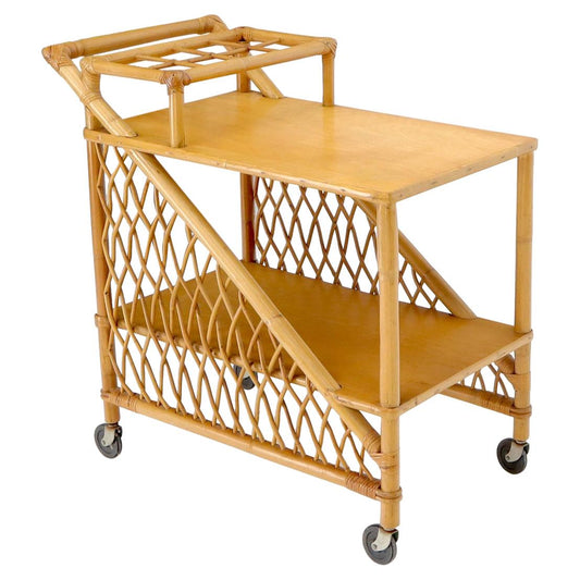 EstablishedLines Mid century modern rattan and bamboo serving bar cart w/ bottles holder.