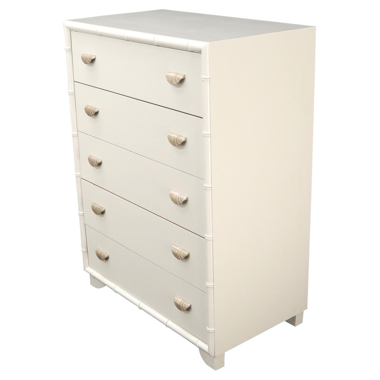 EstablishedLines Faux bamboo off white lacquer scallop shape art deco pulls high chest dresser.
