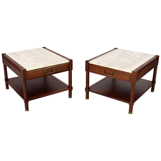 EstablishedLines Pair of Travertine Tops One Drawer Oiled Walnut End Side Tables
