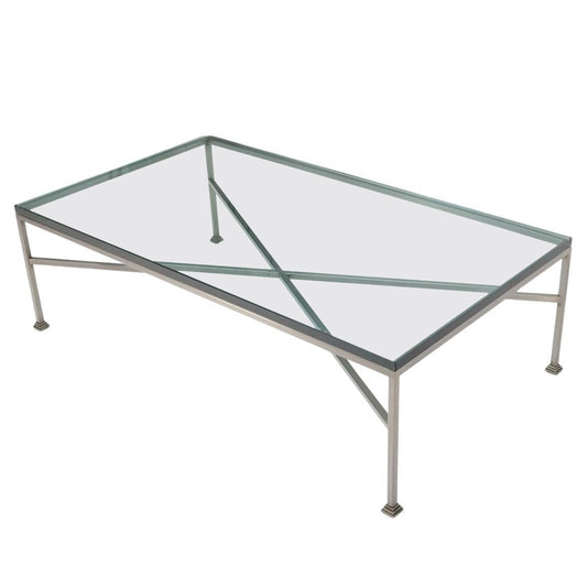 EstablishedLines Heavy Steel Forged Square Bare X Base Thick Glass Top Rectangle Coffee Table