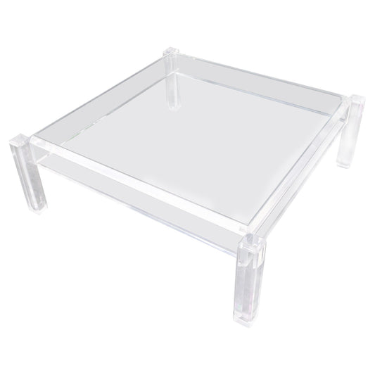 EstablishedLines Mid Century Modern Thick Polished Lucite Base Glass Top Square Coffee Table